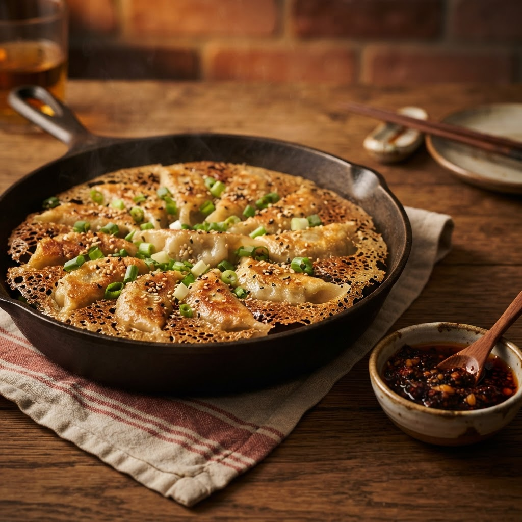 Crispy golden pan-fried potstickers in a cast iron skillet with chili crisp