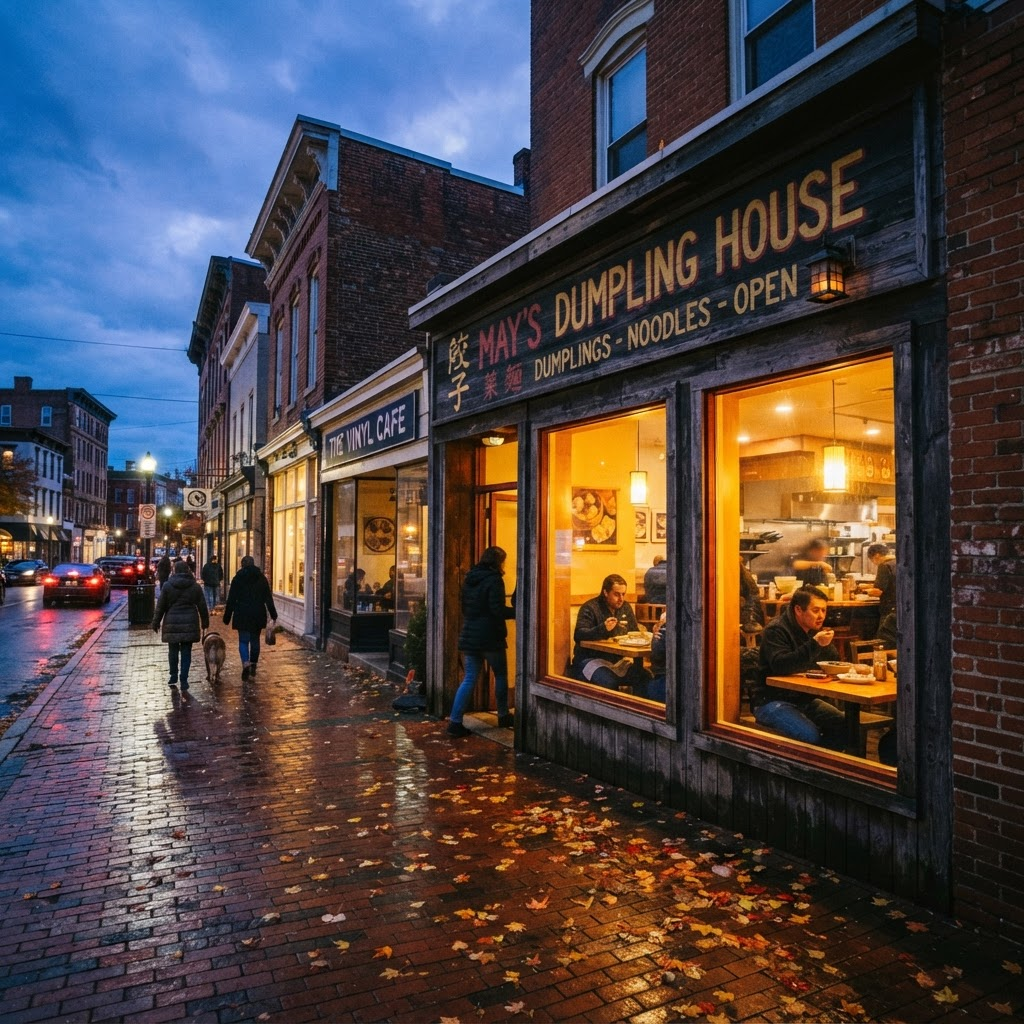 The warmly lit dumpling shop storefront on a brick downtown Scranton street at dusk